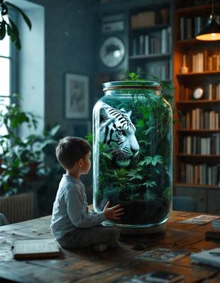 The primary subject of the image is a young boy sitting in front of a large glass jar filled with water and plants. The jar contains a fake tiger, which the boy is looking at. The setting is indoors, with a bookshelf visible in the background. The visual style is a combination of photo and digital art, creating a realistic yet artistic representation of the scene. The colors and mood of the image are predominantly green, with the plants and water creating a serene and natural atmosphere.